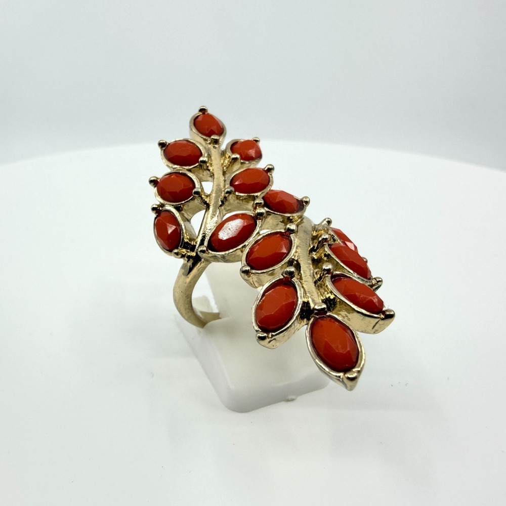 Vintage Faux Coral Marquise Leaf Cluster Statement Ring Gold Tone